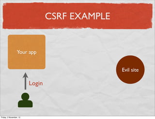 CSRF EXAMPLE


                  Your app


                                                Evil site

                         Login




Friday, 2 November, 12
 