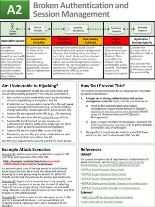 Application Specific
Exploitability
AVERAGE
Prevalence
WIDESPREAD
Detectability
AVERAGE
Impact
SEVERE
Application /
Business Specific
Consider
anonymous
external attackers,
as well as users with
their own accounts,
who may attempt
to steal accounts
from others. Also
consider insiders
wanting to disguise
their actions.
Attacker uses leaks
or flaws in the
authentication or
session
management
functions (e.g.,
exposed accounts,
passwords, session
IDs) to impersonate
users.
Developers frequently build custom
authentication and session management
schemes, but building these correctly is
hard. As a result, these custom schemes
frequently have flaws in areas such as
logout, password management, timeouts,
remember me, secret question, account
update, etc. Finding such flaws can
sometimes be difficult, as each
implementation is unique.
Such flaws may
allow some or even
all accounts to be
attacked. Once
successful, the
attacker can do
anything the victim
could do. Privileged
accounts are
frequently targeted.
Consider the
business value of
the affected data or
application
functions.
Also consider the
business impact of
public exposure of
the vulnerability.
Example Attack Scenarios
Scenario #1: Airline reservations application supports URL
rewriting, putting session IDs in the URL:
http://example.com/sale/saleitems;jsessionid=
2P0OC2JSNDLPSKHCJUN2JV?dest=Hawaii
An authenticated user of the site wants to let his friends
know about the sale. He e-mails the above link without
knowing he is also giving away his session ID. When his
friends use the link they will use his session and credit card.
Scenario #2: Application’s timeouts aren’t set properly. User
uses a public computer to access site. Instead of selecting
“logout” the user simply closes the browser tab and walks
away. Attacker uses the same browser an hour later, and that
browser is still authenticated.
Scenario #3: Insider or external attacker gains access to the
system’s password database. User passwords are not
properly hashed, exposing every users’ password to the
attacker.
Am I Vulnerable to Hijacking?
Are session management assets like user credentials and
session IDs properly protected? You may be vulnerable if:
1. User authentication credentials aren’t protected when
stored using hashing or encryption. See A6.
2. Credentials can be guessed or overwritten through weak
account management functions (e.g., account creation,
change password, recover password, weak session IDs).
3. Session IDs are exposed in the URL (e.g., URL rewriting).
4. Session IDs are vulnerable to session fixation attacks.
5. Session IDs don’t timeout, or user sessions or
authentication tokens, particularly single sign-on (SSO)
tokens, aren’t properly invalidated during logout.
6. Session IDs aren’t rotated after successful login.
7. Passwords, session IDs, and other credentials are sent
over unencrypted connections. See A6.
See the ASVS requirement areas V2 and V3 for more details.
References
OWASP
For a more complete set of requirements and problems to
avoid in this area, see the ASVS requirements areas for
Authentication (V2) and Session Management (V3).
• OWASP Authentication Cheat Sheet
• OWASP Forgot Password Cheat Sheet
• OWASP Session Management Cheat Sheet
• OWASP Development Guide: Chapter on Authentication
• OWASP Testing Guide: Chapter on Authentication
External
• CWE Entry 287 on Improper Authentication
• CWE Entry 384 on Session Fixation
How Do I Prevent This?
The primary recommendation for an organization is to make
available to developers:
1. A single set of strong authentication and session
management controls. Such controls should strive to:
a) meet all the authentication and session
management requirements defined in OWASP’s
Application Security Verification Standard (ASVS)
areas V2 (Authentication) and V3 (Session
Management).
b) have a simple interface for developers. Consider the
ESAPI Authenticator and User APIs as good examples
to emulate, use, or build upon.
2. Strong efforts should also be made to avoid XSS flaws
which can be used to steal session IDs. See A3.
A2 Broken Authentication and
Session Management
Security
Weakness
Attack
Vectors
Technical
ImpactsThreat
Agents
Business
Impacts
 