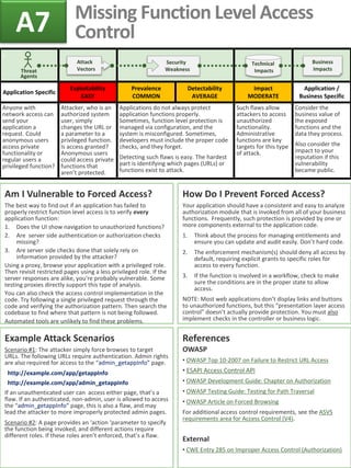y
Application Specific
Exploitability
EASY
Prevalence
COMMON
Detectability
AVERAGE
Impact
MODERATE
Application /
Business Specific
Anyone with
network access can
send your
application a
request. Could
anonymous users
access private
functionality or
regular users a
privileged function?
Attacker, who is an
authorized system
user, simply
changes the URL or
a parameter to a
privileged function.
Is access granted?
Anonymous users
could access private
functions that
aren’t protected.
Applications do not always protect
application functions properly.
Sometimes, function level protection is
managed via configuration, and the
system is misconfigured. Sometimes,
developers must include the proper code
checks, and they forget.
Detecting such flaws is easy. The hardest
part is identifying which pages (URLs) or
functions exist to attack.
Such flaws allow
attackers to access
unauthorized
functionality.
Administrative
functions are key
targets for this type
of attack.
Consider the
business value of
the exposed
functions and the
data they process.
Also consider the
impact to your
reputation if this
vulnerability
became public.
Example Attack Scenarios
Scenario #1: The attacker simply force browses to target
URLs. The following URLs require authentication. Admin rights
are also required for access to the “admin_getappInfo” page.
http://example.com/app/getappInfo
http://example.com/app/admin_getappInfo
If an unauthenticated user can access either page, that’s a
flaw. If an authenticated, non-admin, user is allowed to access
the “admin_getappInfo” page, this is also a flaw, and may
lead the attacker to more improperly protected admin pages.
Scenario #2: A page provides an ‘action ‘parameter to specify
the function being invoked, and different actions require
different roles. If these roles aren’t enforced, that’s a flaw.
Am I Vulnerable to Forced Access?
The best way to find out if an application has failed to
properly restrict function level access is to verify every
application function:
1. Does the UI show navigation to unauthorized functions?
2. Are server side authentication or authorization checks
missing?
3. Are server side checks done that solely rely on
information provided by the attacker?
Using a proxy, browse your application with a privileged role.
Then revisit restricted pages using a less privileged role. If the
server responses are alike, you're probably vulnerable. Some
testing proxies directly support this type of analysis.
You can also check the access control implementation in the
code. Try following a single privileged request through the
code and verifying the authorization pattern. Then search the
codebase to find where that pattern is not being followed.
Automated tools are unlikely to find these problems.
References
OWASP
• OWASP Top 10-2007 on Failure to Restrict URL Access
• ESAPI Access Control API
• OWASP Development Guide: Chapter on Authorization
• OWASP Testing Guide: Testing for Path Traversal
• OWASP Article on Forced Browsing
For additional access control requirements, see the ASVS
requirements area for Access Control (V4).
External
• CWE Entry 285 on Improper Access Control (Authorization)
How Do I Prevent Forced Access?
Your application should have a consistent and easy to analyze
authorization module that is invoked from all of your business
functions. Frequently, such protection is provided by one or
more components external to the application code.
1. Think about the process for managing entitlements and
ensure you can update and audit easily. Don’t hard code.
2. The enforcement mechanism(s) should deny all access by
default, requiring explicit grants to specific roles for
access to every function.
3. If the function is involved in a workflow, check to make
sure the conditions are in the proper state to allow
access.
NOTE: Most web applications don’t display links and buttons
to unauthorized functions, but this “presentation layer access
control” doesn’t actually provide protection. You must also
implement checks in the controller or business logic.
Missing Function Level Access
ControlA7
Security
Weakness
Attack
Vectors
Technical
ImpactsThreat
Agents
Business
Impacts
 