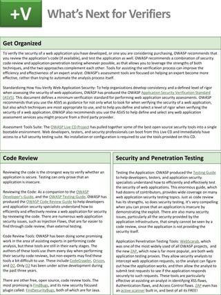 Get Organized 
To verify the security of a web application you have developed, or one you are considering purchasing, OWASP recommends that you review the application’s code (if available), and test the application as well. OWASP recommends a combination of security code review and application penetration testing whenever possible, as that allows you to leverage the strengths of both techniques, and the two approaches complement each other. Tools for assisting the verification process can improve the efficiency and effectiveness of an expert analyst. OWASP’s assessment tools are focused on helping an expert become more effective, rather than trying to automate the analysis process itself. 
Standardizing How You Verify Web Application Security: To help organizations develop consistency and a defined level of rigor when assessing the security of web applications, OWASP has produced the OWASP Application Security Verification Standard (ASVS). This document defines a minimum verification standard for performing web application security assessments. OWASP recommends that you use the ASVS as guidance for not only what to look for when verifying the security of a web application, but also which techniques are most appropriate to use, and to help you define and select a level of rigor when verifying the security of a web application. OWASP also recommends you use the ASVS to help define and select any web application assessment services you might procure from a third party provider. 
Assessment Tools Suite: The OWASP Live CD Project has pulled together some of the best open source security tools into a single bootable environment. Web developers, testers, and security professionals can boot from this Live CD and immediately have access to a full security testing suite. No installation or configuration is required to use the tools provided on this CD. 
What’s Next for Verifiers 
+V 
Code Review 
Reviewing the code is the strongest way to verify whether an application is secure. Testing can only prove that an application is insecure. 
Reviewing the Code: As a companion to the OWASP Developer’s Guide, and the OWASP Testing Guide, OWASP has produced the OWASP Code Review Guide to help developers and application security specialists understand how to efficiently and effectively review a web application for security by reviewing the code. There are numerous web application security issues, such as Injection Flaws, that are far easier to find through code review, than external testing. 
Code Review Tools: OWASP has been doing some promising work in the area of assisting experts in performing code analysis, but these tools are still in their early stages. The authors of these tools use them every day when performing their security code reviews, but non-experts may find these tools a bit difficult to use. These include CodeCrawler, Orizon, and O2. Only O2 has been under active development during the past three years. 
There are other free, open source, code review tools. The most promising is FindBugs, and its new security focused plugin called: FindSecurityBugs, both of which are for Java. 
Security and Penetration Testing 
Testing the Application: OWASP produced the Testing Guide to help developers, testers, and application security specialists understand how to efficiently and effectively test the security of web applications. This enormous guide, which had dozens of contributors, provides wide coverage on many web application security testing topics. Just as code review has its strengths, so does security testing. It’s very compelling when you can prove that an application is insecure by demonstrating the exploit. There are also many security issues, particularly all the security provided by the application infrastructure, that simply cannot be seen by a code review, since the application is not providing the security itself. 
Application Penetration Testing Tools: WebScarab, which was one of the most widely used of all OWASP projects, and the new ZAP, which now is far more popular, are both web application testing proxies. They allow security analysts to intercept web application requests, so the analyst can figure out how the application works, and then allow the analyst to submit test requests to see if the application responds securely to such requests. These tools are particularly effective at assisting an analyst in identifying XSS flaws, Authentication flaws, and Access Control flaws. ZAP even has an active scanner built in, and best of all its FREE!  