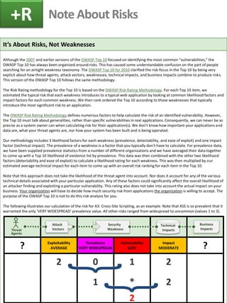 It’s About Risks, Not Weaknesses 
Although the 2007 and earlier versions of the OWASP Top 10 focused on identifying the most common “vulnerabilities,” the OWASP Top 10 has always been organized around risks. This has caused some understandable confusion on the part of people searching for an airtight weakness taxonomy. The OWASP Top 10 for 2010 clarified the risk-focus in the Top 10 by being very explicit about how threat agents, attack vectors, weaknesses, technical impacts, and business impacts combine to produce risks. This version of the OWASP Top 10 follows the same methodology. 
The Risk Rating methodology for the Top 10 is based on the OWASP Risk Rating Methodology. For each Top 10 item, we estimated the typical risk that each weakness introduces to a typical web application by looking at common likelihood factors and impact factors for each common weakness. We then rank ordered the Top 10 according to those weaknesses that typically introduce the most significant risk to an application. 
The OWASP Risk Rating Methodology defines numerous factors to help calculate the risk of an identified vulnerability. However, the Top 10 must talk about generalities, rather than specific vulnerabilities in real applications. Consequently, we can never be as precise as a system owner can when calculating risk for their application(s). We don’t know how important your applications and data are, what your threat agents are, nor how your system has been built and is being operated. 
Our methodology includes 3 likelihood factors for each weakness (prevalence, detectability, and ease of exploit) and one impact factor (technical impact). The prevalence of a weakness is a factor that you typically don’t have to calculate. For prevalence data, we have been supplied prevalence statistics from a number of different organizations and we have averaged their data together to come up with a Top 10 likelihood of existence list by prevalence. This data was then combined with the other two likelihood factors (detectability and ease of exploit) to calculate a likelihood rating for each weakness. This was then multiplied by our estimated average technical impact for each item to come up with an overall risk ranking for each item in the Top 10. 
Note that this approach does not take the likelihood of the threat agent into account. Nor does it account for any of the various technical details associated with your particular application. Any of these factors could significantly affect the overall likelihood of an attacker finding and exploiting a particular vulnerability. This rating also does not take into account the actual impact on your business. Your organization will have to decide how much security risk from applications the organization is willing to accept. The purpose of the OWASP Top 10 is not to do this risk analysis for you. 
The following illustrates our calculation of the risk for A3: Cross-Site Scripting, as an example. Note that XSS is so prevalent that it warranted the only ‘VERY WIDESPREAD’ prevalence value. All other risks ranged from widespread to uncommon (values 1 to 3). 
+R 
? 
Exploitability 
AVERAGE 
Prevalence 
VERY WIDESPREAD 
Detectability 
EASY 
Impact 
MODERATE 
? 
2 
0 
1 
1 
* 
2 
2 
2 
Security Weakness 
Attack Vectors 
Technical Impacts 
Threat Agents 
Business Impacts 
Note About Risks  