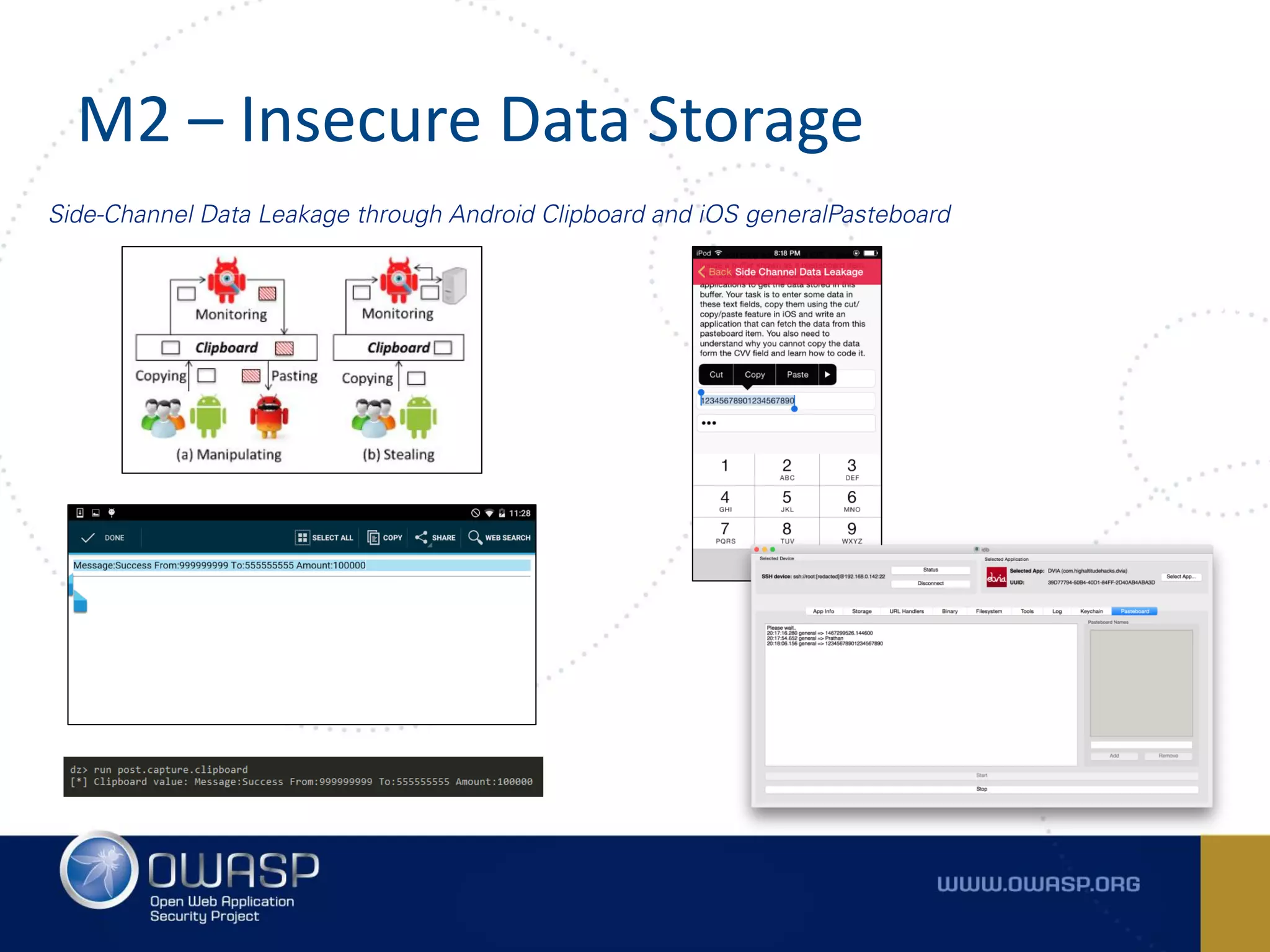 M2 – Insecure Data Storage
Side-Channel Data Leakage through Android Clipboard and iOS generalPasteboard
 