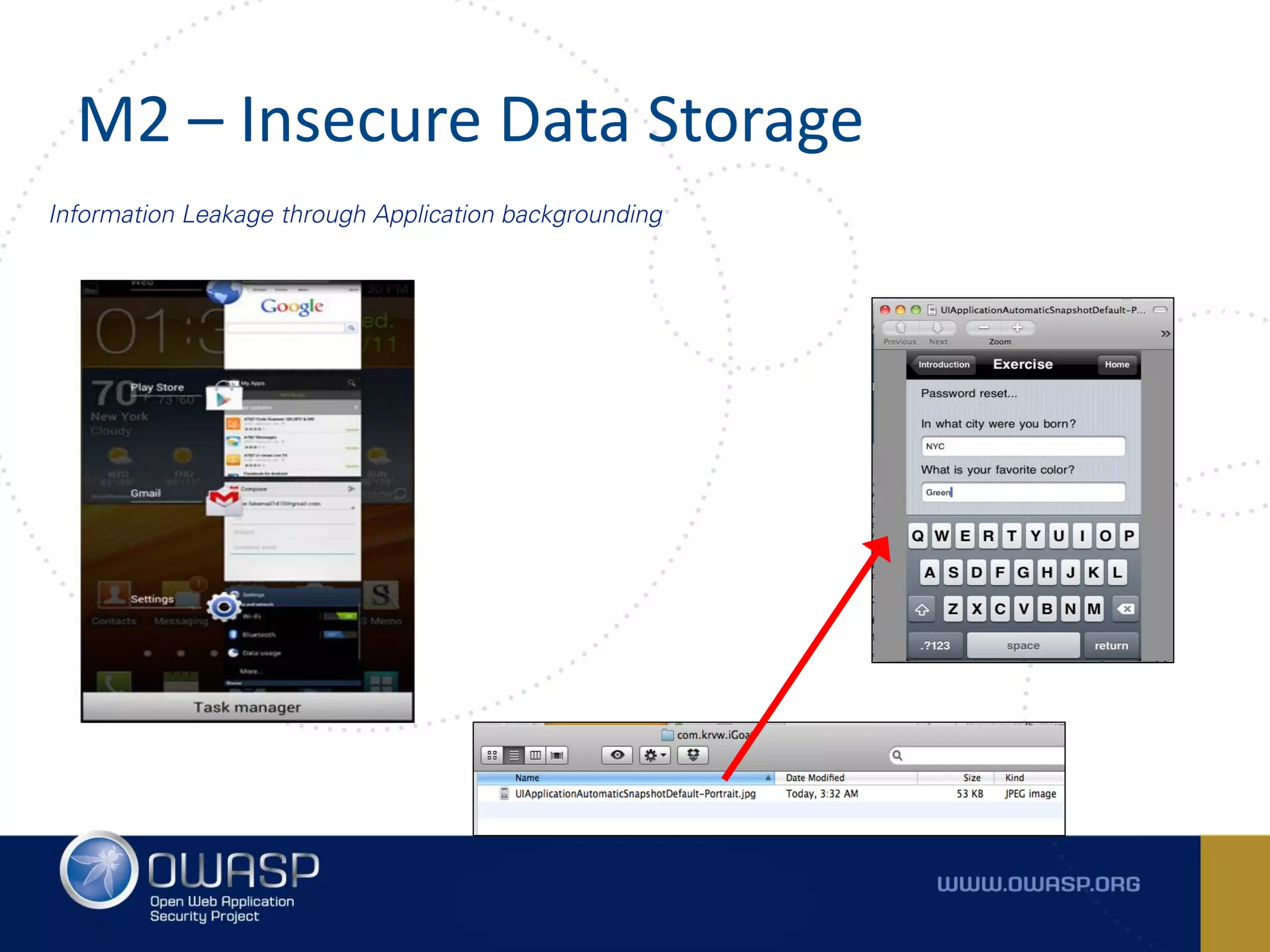 M2 – Insecure Data Storage
Information Leakage through Application backgrounding
 