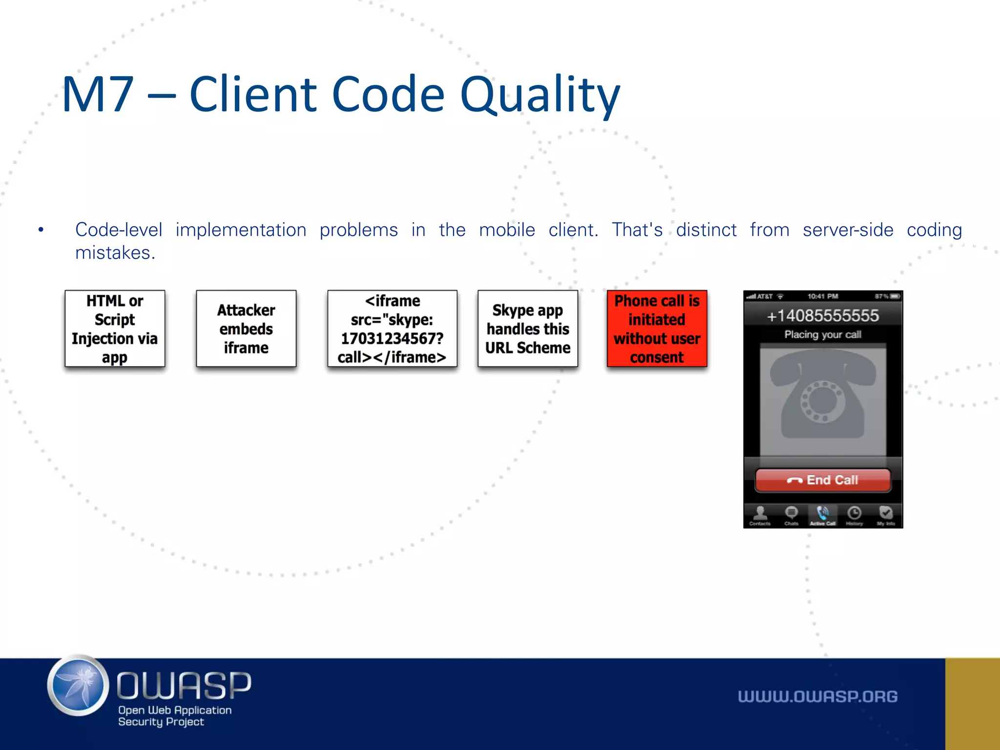 M7 – Client Code Quality
• Code-level implementation problems in the mobile client. That's distinct from server-side coding
mistakes.
 