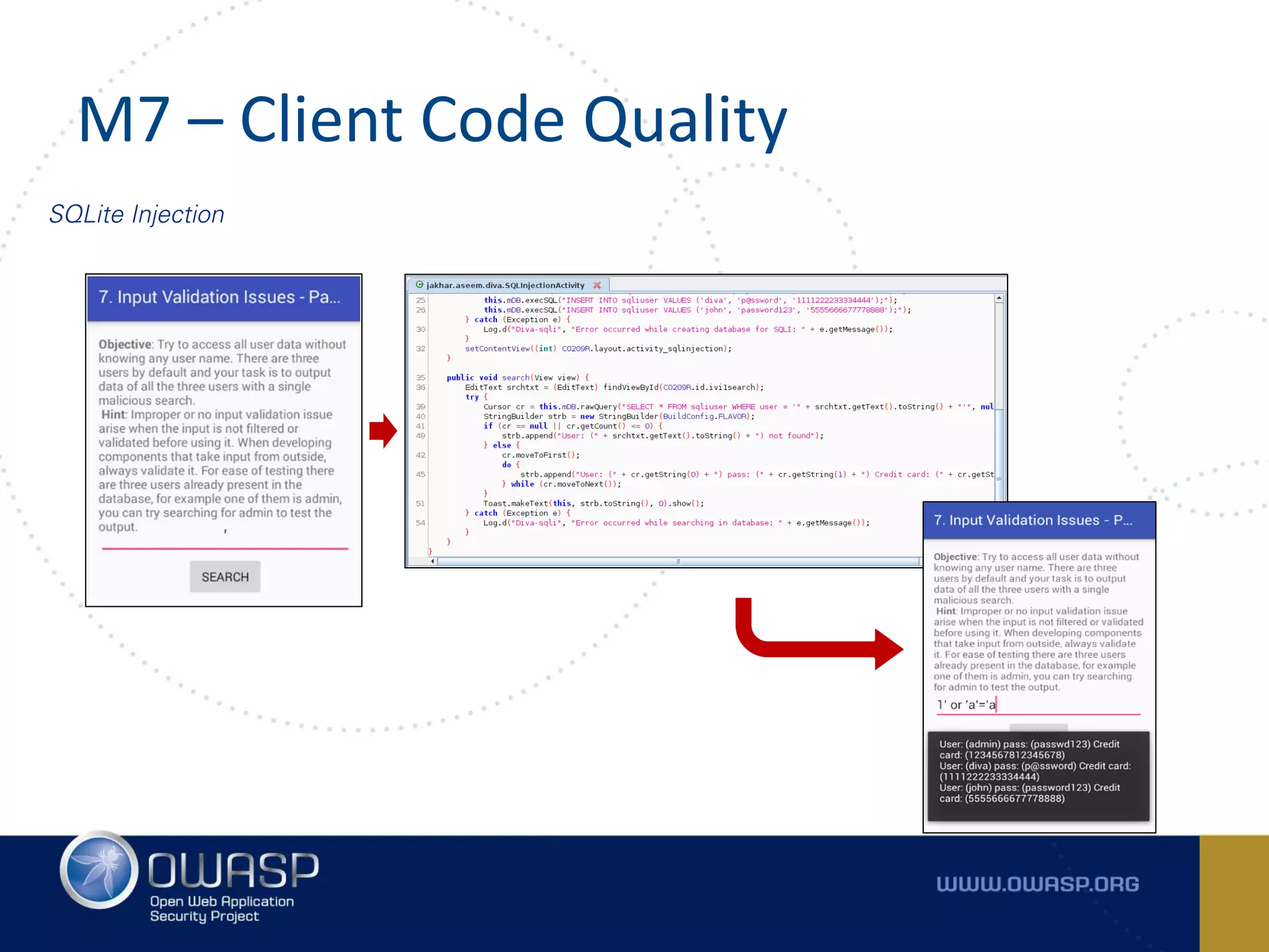 M7 – Client Code Quality
SQLite Injection
 
