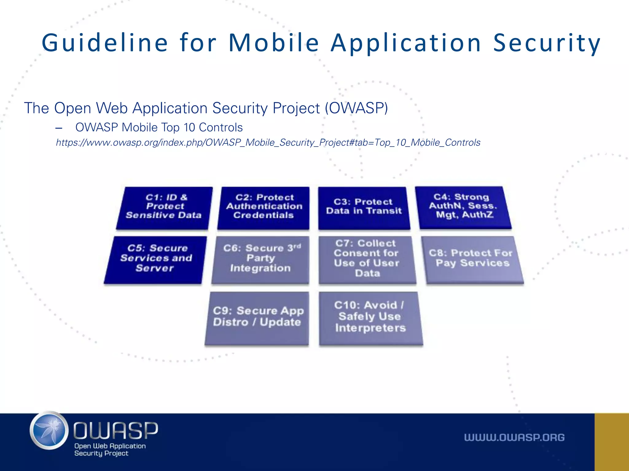 The Open Web Application Security Project (OWASP)
– OWASP Mobile Top 10 Controls
https://www.owasp.org/index.php/OWASP_Mobile_Security_Project#tab=Top_10_Mobile_Controls
Guideline for Mobile Application Security
 