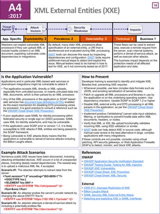 App. Specific Business ?
10
Impacts
Threat
Agents
Attack
Vectors
Security
Weakness
Example Attack Scenarios
Numerous public XXE issues have been discovered, including
attacking embedded devices. XXE occurs in a lot of unexpected
places, including deeply nested dependencies. The easiest way
is to upload a malicious XML file, if accepted:
Scenario #1: The attacker attempts to extract data from the
server:
<?xml version="1.0" encoding="ISO-8859-1"?>
<!DOCTYPE foo [
<!ELEMENT foo ANY >
<!ENTITY xxe SYSTEM "file:///etc/passwd" >]>
<foo>&xxe;</foo>
Scenario #2: An attacker probes the server's private network by
changing the above ENTITY line to:
<!ENTITY xxe SYSTEM "https://192.168.1.1/private" >]>
Scenario #3: An attacker attempts a denial-of-service attack by
including a potentially endless file:
<!ENTITY xxe SYSTEM "file:///dev/random" >]>
Is the Application Vulnerable?
Applications and in particular XML-based web services or
downstream integrations might be vulnerable to attack if:
• The application accepts XML directly or XML uploads,
especially from untrusted sources, or inserts untrusted data into
XML documents, which is then parsed by an XML processor.
• Any of the XML processors in the application or SOAP based
web services has document type definitions (DTDs) enabled.
As the exact mechanism for disabling DTD processing varies
by processor, it is good practice to consult a reference such as
the OWASP Cheat Sheet 'XXE Prevention’.
• If your application uses SAML for identity processing within
federated security or single sign on (SSO) purposes. SAML
uses XML for identity assertions, and may be vulnerable.
• If the application uses SOAP prior to version 1.2, it is likely
susceptible to XXE attacks if XML entities are being passed to
the SOAP framework.
• Being vulnerable to XXE attacks likely means that the
application is vulnerable to denial of service attacks including
the Billion Laughs attack.
References
OWASP
• OWASP Application Security Verification Standard
• OWASP Testing Guide: Testing for XML Injection
• OWASP XXE Vulnerability
• OWASP Cheat Sheet: XXE Prevention
• OWASP Cheat Sheet: XML Security
External
• CWE-611: Improper Restriction of XXE
• Billion Laughs Attack
• SAML Security XML External Entity Attack
• Detecting and exploiting XXE in SAML Interfaces
How to Prevent
Developer training is essential to identify and mitigate XXE.
Besides that, preventing XXE requires:
• Whenever possible, use less complex data formats such as
JSON, and avoiding serialization of sensitive data.
• Patch or upgrade all XML processors and libraries in use by
the application or on the underlying operating system. Use
dependency checkers. Update SOAP to SOAP 1.2 or higher.
• Disable XML external entity and DTD processing in all XML
parsers in the application, as per the OWASP Cheat Sheet
'XXE Prevention'.
• Implement positive ("whitelisting") server-side input validation,
filtering, or sanitization to prevent hostile data within XML
documents, headers, or nodes.
• Verify that XML or XSL file upload functionality validates
incoming XML using XSD validation or similar.
• SAST tools can help detect XXE in source code, although
manual code review is the best alternative in large, complex
applications with many integrations.
If these controls are not possible, consider using virtual
patching, API security gateways, or Web Application Firewalls
(WAFs) to detect, monitor, and block XXE attacks.
A4
:2017
XML External Entities (XXE)
Exploitability: 2 Prevalence: 2 Detectability: 3 Technical: 3
Attackers can exploit vulnerable XML
processors if they can upload XML or
include hostile content in an XML
document, exploiting vulnerable code,
dependencies or integrations.
By default, many older XML processors allow
specification of an external entity, a URI that is
dereferenced and evaluated during XML processing.
SAST tools can discover this issue by inspecting
dependencies and configuration. DAST tools require
additional manual steps to detect and exploit this
issue. Manual testers need to be trained in how to
test for XXE, as it not commonly tested as of 2017.
These flaws can be used to extract
data, execute a remote request from
the server, scan internal systems,
perform a denial-of-service attack, as
well as execute other attacks.
The business impact depends on the
protection needs of all affected
application and data.
 