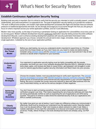 18
Establish Continuous Application Security Testing
Building code securely is important. But it’s critical to verify that the security you intended to build is actually present, correctly
implemented, and used everywhere it is supposed to be. The goal of application security testing is to provide this evidence.
The work is difficult and complex, and modern high-speed development processes like Agile and DevOps have put extreme
pressure on traditional approaches and tools. So we strongly encourage you to put some thought into how you are going to
focus on what’s important across your entire application portfolio, and do it cost-effectively.
Modern risks move quickly, so the days of scanning or penetration testing an application for vulnerabilities once every year or
so are long gone. Modern software development requires continuous application security testing across the entire software
development lifecycle. Look to enhance existing development pipelines with security automation that doesn’t slow
development. Whatever approach you choose, consider the annual cost to test, triage, remediate, retest, and redeploy a
single application, multiplied by the size of your application portfolio.
+T What’s Next for Security Testers
Before you start testing, be sure you understand what’s important to spend time on. Priorities
come from the threat model, so if you don’t have one, you need to create one before testing.
Consider using OWASP ASVS and the OWASP Testing Guide as an input and don’t rely on tool
vendors to decide what’s important for your business.
Your approach to application security testing must be highly compatible with the people,
processes, and tools you use in your software development lifecycle (SDLC). Attempts to force
extra steps, gates, and reviews are likely to cause friction, get bypassed, and struggle to scale.
Look for natural opportunities to gather security information and feed it back into your process.
Choose the simplest, fastest, most accurate technique to verify each requirement. The OWASP
Security Knowledge Framework and OWASP Application Security Verification Standard can be
great sources of functional and nonfunctional security requirements in your unit and integration
testing. Be sure to consider the human resources required to deal with false positives from the
use of automated tooling, as well as the serious dangers of false negatives.
Testing
Strategies
You don’t have to start out testing everything. Focus on what’s important and expand your
verification program over time. That means expanding the set of security defenses and risks that
are being automatically verified as well as expanding the set of applications and APIs being
covered. The goal is to achieve a state where the essential security of all your applications and
APIs is verified continuously.
Achieving
Coverage
and
Accuracy
No matter how good you are at testing, it won’t make any difference unless you communicate it
effectively. Build trust by showing you understand how the application works. Describe clearly
how it can be abused without “lingo” and include an attack scenario to make it real. Make a
realistic estimation of how hard the vulnerability is to discover and exploit, and how bad that
would be. Finally, deliver findings in the tools development teams are already using, not PDF
files.
Understand
the Threat
Model
Understand
Your
SDLC
Clearly
Communicate
Findings
 