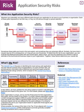 5
What Are Application Security Risks?
Attackers can potentially use many different paths through your application to do harm to your business or organization. Each
of these paths represents a risk that may, or may not, be serious enough to warrant attention.
Sometimes these paths are trivial to find and exploit, and sometimes they are extremely difficult. Similarly, the harm that is
caused may be of no consequence, or it may put you out of business. To determine the risk to your organization, you can
evaluate the likelihood associated with each threat agent, attack vector, and security weakness and combine it with an
estimate of the technical and business impact to your organization. Together, these factors determine your overall risk.
Weakness
Attack
Threat
Agents
Impact
Weakness
Attack
Attack
Vectors
Security
Weaknesses
Technical
Impacts
Business
Impacts
Attack
Impact
Impact
Asset
Function
Asset
Weakness
Control
Control
Control
Weakness
Security
Controls
Risk Application Security Risks
What’s My Risk?
The OWASP Top 10 focuses on identifying the most serious web application
security risks for a broad array of organizations. For each of these risks, we
provide generic information about likelihood and technical impact using the
following simple ratings scheme, which is based on the OWASP Risk Rating
Methodology.
In this edition, we have updated the risk rating system to assist in calculating the
likelihood and impact of any given risk. For more details, please see Note About
Risks.
Each organization is unique, and so are the threat actors for that organization,
their goals, and the impact of any breach. If a public interest organization uses a
content management system (CMS) for public information and a health system
uses that same exact CMS for sensitive health records, the threat actors and
business impacts can be very different for the same software. It is critical to
understand the risk to your organization based on applicable threat agents and
business impacts.
Where possible, the names of the risks in the Top 10 are aligned with Common
Weakness Enumeration (CWE) weaknesses to promote generally accepted
naming conventions and to reduce confusion.
Threat
Agents
Exploitability
Weakness
Prevalence
Weakness
Detectability
Technical
Impacts
Business
Impacts
Appli-
cation
Specific
Easy: 3 Widespread: 3 Easy: 3 Severe: 3
Business
Specific
Average: 2 Common: 2 Average: 2 Moderate: 2
Difficult: 1 Uncommon: 1 Difficult: 1 Minor: 1
References
OWASP
• OWASP Risk Rating Methodology
• Article on Threat/Risk Modeling
External
• ISO 31000: Risk Management Std
• ISO 27001: ISMS
• NIST Cyber Framework (US)
• ASD Strategic Mitigations (AU)
• NIST CVSS 3.0
• Microsoft Threat Modelling Tool
 