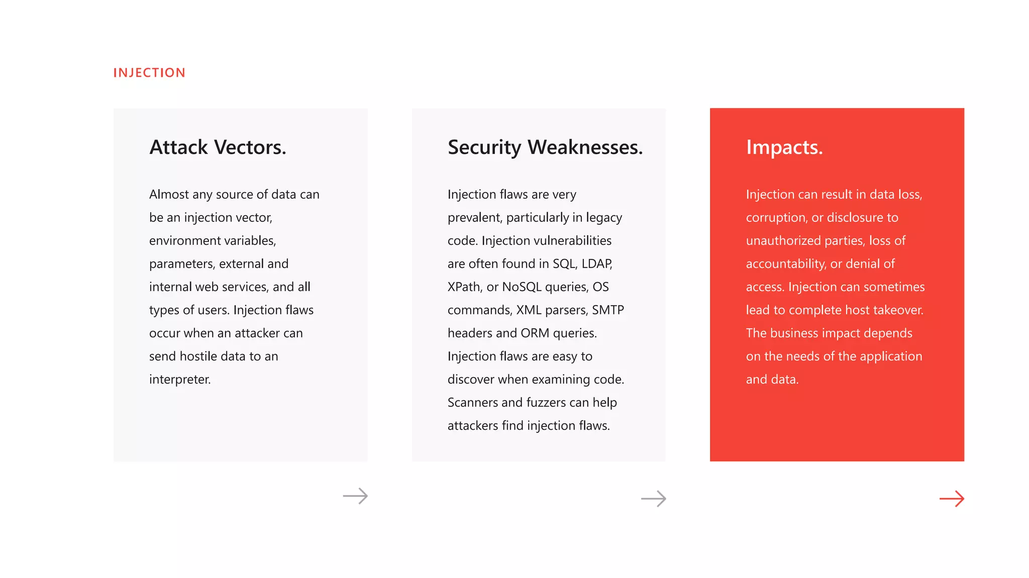 Attack Vectors.
Almost any source of data can
be an injection vector,
environment variables,
parameters, external and
internal web services, and all
types of users. Injection flaws
occur when an attacker can
send hostile data to an
interpreter.
Security Weaknesses.
Injection flaws are very
prevalent, particularly in legacy
code. Injection vulnerabilities
are often found in SQL, LDAP,
XPath, or NoSQL queries, OS
commands, XML parsers, SMTP
headers and ORM queries.
Injection flaws are easy to
discover when examining code.
Scanners and fuzzers can help
attackers find injection flaws.
Impacts.
Injection can result in data loss,
corruption, or disclosure to
unauthorized parties, loss of
accountability, or denial of
access. Injection can sometimes
lead to complete host takeover.
The business impact depends
on the needs of the application
and data.
INJECTION
 