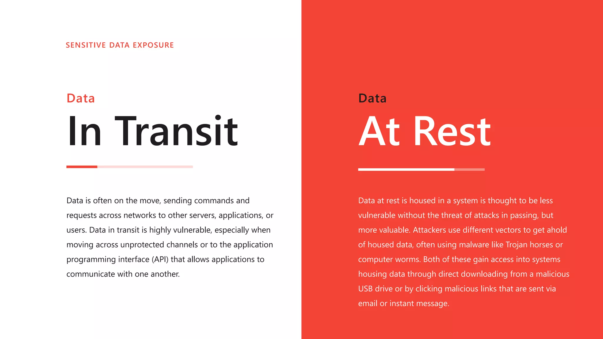 At Rest
Data at rest is housed in a system is thought to be less
vulnerable without the threat of attacks in passing, but
more valuable. Attackers use different vectors to get ahold
of housed data, often using malware like Trojan horses or
computer worms. Both of these gain access into systems
housing data through direct downloading from a malicious
USB drive or by clicking malicious links that are sent via
email or instant message.
Data
In Transit
Data is often on the move, sending commands and
requests across networks to other servers, applications, or
users. Data in transit is highly vulnerable, especially when
moving across unprotected channels or to the application
programming interface (API) that allows applications to
communicate with one another.
Data
SENSITIVE DATA EXPOSURE
 