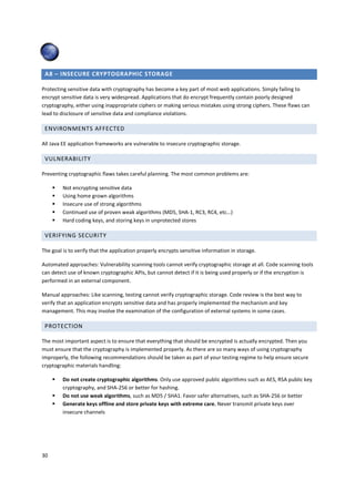 A8 – INSECURE CRYPTOGRAPHIC STORAGE 
Protecting sensitive data with cryptography has become a key part of most web applications. Simply failing to 
encrypt sensitive data is very widespread. Applications that do encrypt frequently contain poorly designed 
cryptography, either using inappropriate ciphers or making serious mistakes using strong ciphers. These flaws can 
lead to disclosure of sensitive data and compliance violations. 
ENVIRONMENTS AFFECTED 
All Java EE application frameworks are vulnerable to insecure cryptographic storage. 
VULNERABILITY 
Preventing cryptographic flaws takes careful planning. The most common problems are: 
30 
 Not encrypting sensitive data 
 Using home grown algorithms 
 Insecure use of strong algorithms 
 Continued use of proven weak algorithms (MD5, SHA-1, RC3, RC4, etc…) 
 Hard coding keys, and storing keys in unprotected stores 
VERIFYING SECURITY 
The goal is to verify that the application properly encrypts sensitive information in storage. 
Automated approaches: Vulnerability scanning tools cannot verify cryptographic storage at all. Code scanning tools 
can detect use of known cryptographic APIs, but cannot detect if it is being used properly or if the encryption is 
performed in an external component. 
Manual approaches: Like scanning, testing cannot verify cryptographic storage. Code review is the best way to 
verify that an application encrypts sensitive data and has properly implemented the mechanism and key 
management. This may involve the examination of the configuration of external systems in some cases. 
PROTECTION 
The most important aspect is to ensure that everything that should be encrypted is actually encrypted. Then you 
must ensure that the cryptography is implemented properly. As there are so many ways of using cryptography 
improperly, the following recommendations should be taken as part of your testing regime to help ensure secure 
cryptographic materials handling: 
 Do not create cryptographic algorithms. Only use approved public algorithms such as AES, RSA public key 
cryptography, and SHA-256 or better for hashing. 
 Do not use weak algorithms, such as MD5 / SHA1. Favor safer alternatives, such as SHA-256 or better 
 Generate keys offline and store private keys with extreme care. Never transmit private keys over 
insecure channels 
 