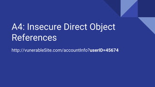 A4: Insecure Direct Object
References
http://vunerableSite.com/accountInfo?userID=45674
 