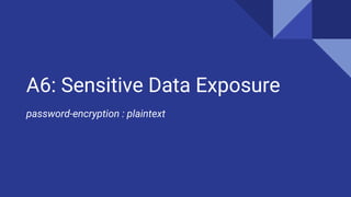 A6: Sensitive Data Exposure
password-encryption : plaintext
 