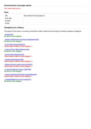 Scanned items (coverage report)
http://www.ambato.gob.ec/
Scan
URL http://enlinea.hmunicipal.gob.ec/
Scan date
Duration
Profile
Compliance at a Glance
This section of the report is a summary and lists the number of alerts found according to individual compliance categories.
- Injection(A1)
No alerts in this category
- Broken Authentication and Session Management(A2)
No alerts in this category
- Cross Site Scripting (XSS)(A3)
Total number of alerts in this category: 1
- Insecure Direct Object Reference(A4)
No alerts in this category
- Security Misconfiguration(A5)
Total number of alerts in this category: 1
- Sensitive Data Exposure(A6)
Total number of alerts in this category: 3
- Missing Function Level Access Control(A7)
Total number of alerts in this category: 1
- Cross Site Request Forgery (CSRF)(A8)
No alerts in this category
- Using Components with Known Vulnerabilities(A9)
Total number of alerts in this category: 1
- UnvalidatedRedirects and Forwards(A10)
No alerts in this category
 