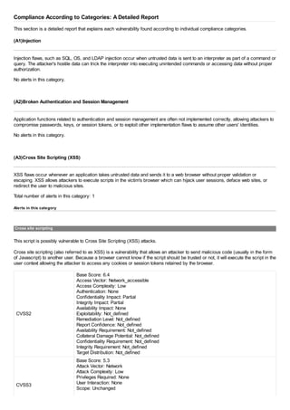 Compliance According to Categories: A Detailed Report
This section is a detailed report that explains each vulnerability found according to individual compliance categories.
(A1)Injection
Injection flaws, such as SQL, OS, and LDAP injection occur when untrusted data is sent to an interpreter as part of a command or
query. The attacker's hostile data can trick the interpreter into executing unintended commands or accessing data without proper
authorization.
No alerts in this category.
(A2)Broken Authentication and Session Management
Application functions related to authentication and session management are often not implemented correctly, allowing attackers to
compromise passwords, keys, or session tokens, or to exploit other implementation flaws to assume other users' identities.
No alerts in this category.
(A3)Cross Site Scripting (XSS)
XSS flaws occur whenever an application takes untrusted data and sends it to a web browser without proper validation or
escaping. XSS allows attackers to execute scripts in the victim's browser which can hijack user sessions, deface web sites, or
redirect the user to malicious sites.
Total number of alerts in this category: 1
Alerts in this category
Cross site scripting
This script is possibly vulnerable to Cross Site Scripting (XSS) attacks.
Cross site scripting (also referred to as XSS) is a vulnerability that allows an attacker to send malicious code (usually in the form
of Javascript) to another user. Because a browser cannot know if the script should be trusted or not, it will execute the script in the
user context allowing the attacker to access any cookies or session tokens retained by the browser.
CVSS2
Base Score: 6.4
Access Vector: Network_accessible
Access Complexity: Low
Authentication: None
Confidentiality Impact: Partial
Integrity Impact: Partial
Availability Impact: None
Exploitability: Not_defined
Remediation Level: Not_defined
Report Confidence: Not_defined
Availability Requirement: Not_defined
Collateral Damage Potential: Not_defined
Confidentiality Requirement: Not_defined
Integrity Requirement: Not_defined
Target Distribution: Not_defined
CVSS3
Base Score: 5.3
Attack Vector: Network
Attack Complexity: Low
Privileges Required: None
User Interaction: None
Scope: Unchanged
 