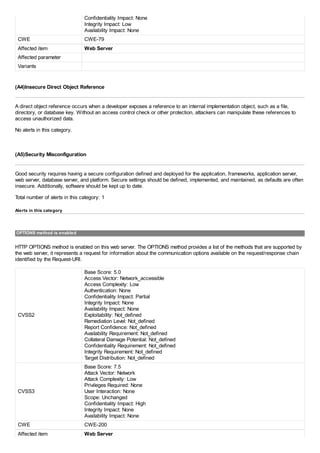 Confidentiality Impact: None
Integrity Impact: Low
Availability Impact: None
CWE CWE-79
Affected item Web Server
Affected parameter
Variants
(A4)Insecure Direct Object Reference
A direct object reference occurs when a developer exposes a reference to an internal implementation object, such as a file,
directory, or database key. Without an access control check or other protection, attackers can manipulate these references to
access unauthorized data.
No alerts in this category.
(A5)Security Misconfiguration
Good security requires having a secure configuration defined and deployed for the application, frameworks, application server,
web server, database server, and platform. Secure settings should be defined, implemented, and maintained, as defaults are often
insecure. Additionally, software should be kept up to date.
Total number of alerts in this category: 1
Alerts in this category
OPTIONS method is enabled
HTTP OPTIONS method is enabled on this web server. The OPTIONS method provides a list of the methods that are supported by
the web server, it represents a request for information about the communication options available on the request/response chain
identified by the Request-URI.
CVSS2
Base Score: 5.0
Access Vector: Network_accessible
Access Complexity: Low
Authentication: None
Confidentiality Impact: Partial
Integrity Impact: None
Availability Impact: None
Exploitability: Not_defined
Remediation Level: Not_defined
Report Confidence: Not_defined
Availability Requirement: Not_defined
Collateral Damage Potential: Not_defined
Confidentiality Requirement: Not_defined
Integrity Requirement: Not_defined
Target Distribution: Not_defined
CVSS3
Base Score: 7.5
Attack Vector: Network
Attack Complexity: Low
Privileges Required: None
User Interaction: None
Scope: Unchanged
Confidentiality Impact: High
Integrity Impact: None
Availability Impact: None
CWE CWE-200
Affected item Web Server
 