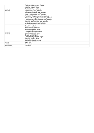 CVSS2
Confidentiality Impact: Partial
Integrity Impact: None
Availability Impact: None
Exploitability: Not_defined
Remediation Level: Not_defined
Report Confidence: Not_defined
Availability Requirement: Not_defined
Collateral Damage Potential: Not_defined
Confidentiality Requirement: Not_defined
Integrity Requirement: Not_defined
Target Distribution: Not_defined
CVSS3
Base Score: 7.5
Attack Vector: Network
Attack Complexity: Low
Privileges Required: None
User Interaction: None
Scope: Unchanged
Confidentiality Impact: High
Integrity Impact: None
Availability Impact: None
CWE CWE-200
Parameter Variations
 