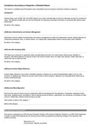 Compliance According to Categories: A Detailed Report
This section is a detailed report that explains each vulnerability found according to individual compliance categories.
(A1)Injection
Injection flaws, such as SQL, OS, and LDAP injection occur when untrusted data is sent to an interpreter as part of a command or
query. The attacker's hostile data can trick the interpreter into executing unintended commands or accessing data without proper
authorization.
No alerts in this category.
(A2)Broken Authentication and Session Management
Application functions related to authentication and session management are often not implemented correctly, allowing attackers to
compromise passwords, keys, or session tokens, or to exploit other implementation flaws to assume other users' identities.
No alerts in this category.
(A3)Cross Site Scripting (XSS)
XSS flaws occur whenever an application takes untrusted data and sends it to a web browser without proper validation or
escaping. XSS allows attackers to execute scripts in the victim's browser which can hijack user sessions, deface web sites, or
redirect the user to malicious sites.
No alerts in this category.
(A4)Insecure Direct Object Reference
A direct object reference occurs when a developer exposes a reference to an internal implementation object, such as a file,
directory, or database key. Without an access control check or other protection, attackers can manipulate these references to
access unauthorized data.
No alerts in this category.
(A5)Security Misconfiguration
Good security requires having a secure configuration defined and deployed for the application, frameworks, application server,
web server, database server, and platform. Secure settings should be defined, implemented, and maintained, as defaults are often
insecure. Additionally, software should be kept up to date.
Total number of alerts in this category: 1
Alerts in this category
Web Application Firewall detected
This server is protected by an IPS (Intrusion Prevention System), IDS (Intrusion Detection System) or an WAF (Web Application
Firewall). Acunetix WVS detected this by sending various malicious payloads and detecting changes in the response code,
headers and body.
Base Score: 0.0
Access Vector: Network_accessible
 