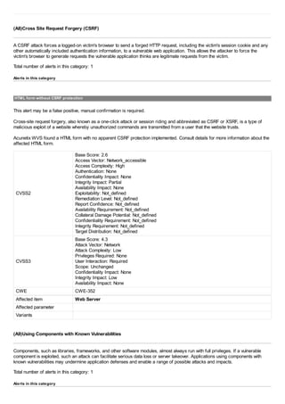 (A8)Cross Site Request Forgery (CSRF)
A CSRF attack forces a logged-on victim's browser to send a forged HTTP request, including the victim's session cookie and any
other automatically included authentication information, to a vulnerable web application. This allows the attacker to force the
victim's browser to generate requests the vulnerable application thinks are legitimate requests from the victim.
Total number of alerts in this category: 1
Alerts in this category
HTML form without CSRF protection
This alert may be a false positive, manual confirmation is required.
Cross-site request forgery, also known as a one-click attack or session riding and abbreviated as CSRF or XSRF, is a type of
malicious exploit of a website whereby unauthorized commands are transmitted from a user that the website trusts.
Acunetix WVS found a HTML form with no apparent CSRF protection implemented. Consult details for more information about the
affected HTML form.
CVSS2
Base Score: 2.6
Access Vector: Network_accessible
Access Complexity: High
Authentication: None
Confidentiality Impact: None
Integrity Impact: Partial
Availability Impact: None
Exploitability: Not_defined
Remediation Level: Not_defined
Report Confidence: Not_defined
Availability Requirement: Not_defined
Collateral Damage Potential: Not_defined
Confidentiality Requirement: Not_defined
Integrity Requirement: Not_defined
Target Distribution: Not_defined
CVSS3
Base Score: 4.3
Attack Vector: Network
Attack Complexity: Low
Privileges Required: None
User Interaction: Required
Scope: Unchanged
Confidentiality Impact: None
Integrity Impact: Low
Availability Impact: None
CWE CWE-352
Affected item Web Server
Affected parameter
Variants
(A9)Using Components with Known Vulnerabilities
Components, such as libraries, frameworks, and other software modules, almost always run with full privileges. If a vulnerable
component is exploited, such an attack can facilitate serious data loss or server takeover. Applications using components with
known vulnerabilities may undermine application defenses and enable a range of possible attacks and impacts.
Total number of alerts in this category: 1
Alerts in this category
 