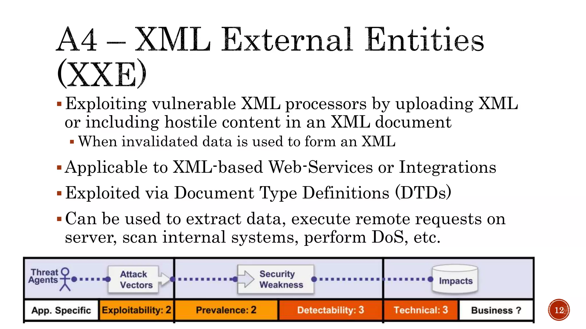Exploiting vulnerable XML processors by uploading XML
or including hostile content in an XML document
 When invalidated data is used to form an XML
Applicable to XML-based Web-Services or Integrations
Exploited via Document Type Definitions (DTDs)
Can be used to extract data, execute remote requests on
server, scan internal systems, perform DoS, etc.
12
 