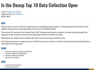 Owasp top 10 2017 RC -  Comments, observations and ideas