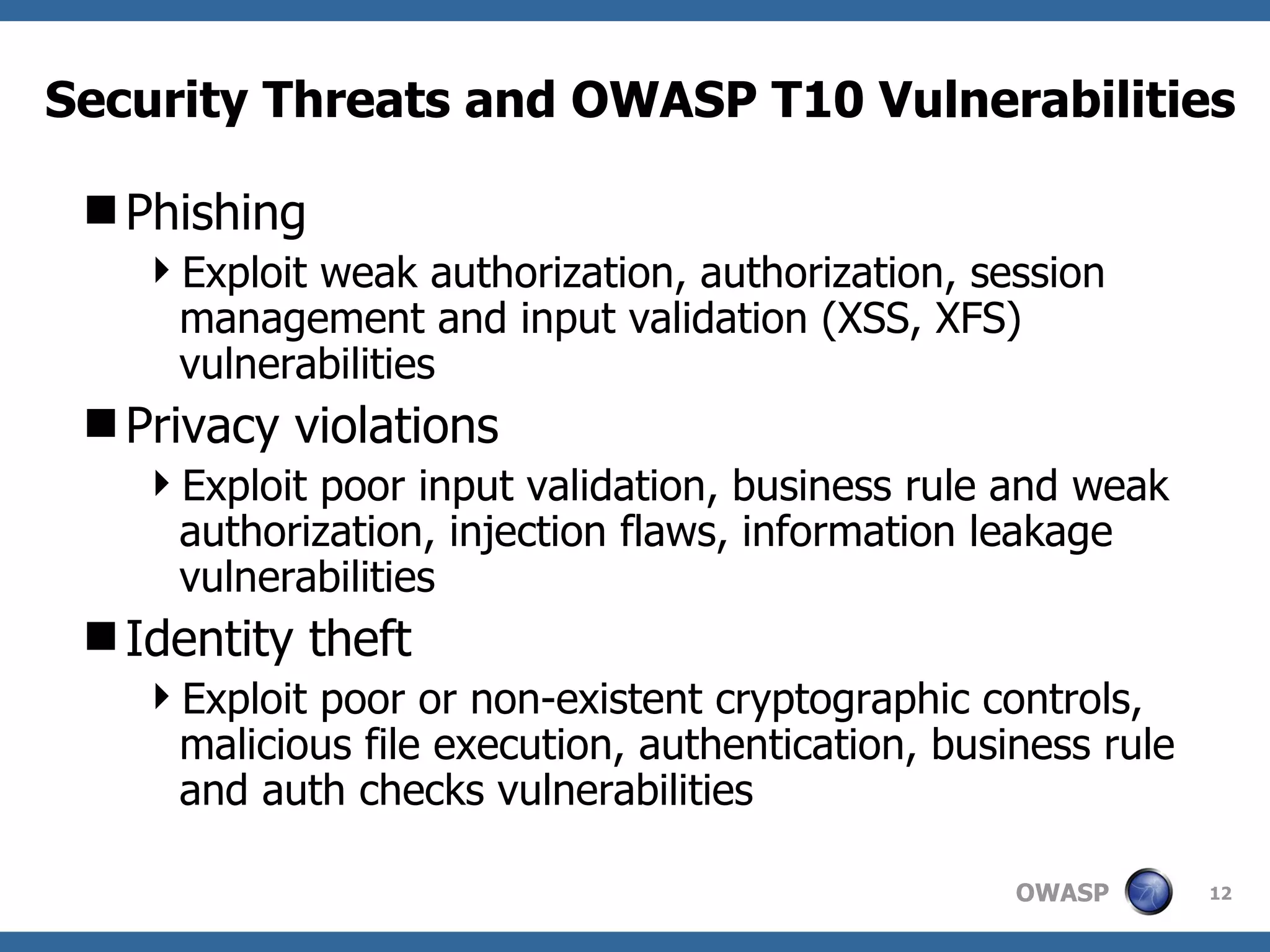 Security Threats and OWASP T10 Vulnerabilities Phishing Exploit weak authorization, authorization, session management and input validation (XSS, XFS) vulnerabilities Privacy violations Exploit poor input validation, business rule and weak authorization, injection flaws, information leakage vulnerabilities Identity theft Exploit poor or non-existent cryptographic controls, malicious file execution, authentication, business rule and auth checks vulnerabilities 