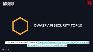 1
OWASP API SECURITY TOP 10
This work is licensed under a Creative Commons Attribution-NonCommercial-
ShareAlike 4.0 International License.
 