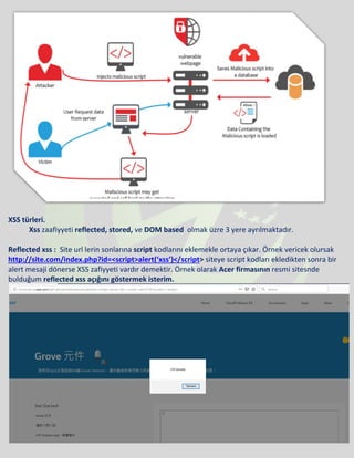 XSS türleri.
Xss zaafiyyeti reflected, stored, ve DOM based olmak üzre 3 yere ayrılmaktadır.
Reflected xss : Site url lerin sonlarına script kodlarını eklemekle ortaya çıkar. Örnek vericek olursak
http://site.com/index.php?id=<script>alert(‘xss’)</script> siteye script kodları ekledikten sonra bir
alert mesaji dönerse XSS zafiyyeti vardır demektir. Örnek olarak Acer firmasının resmi sitesnde
bulduğum reflected xss açığını göstermek isterim.
 
