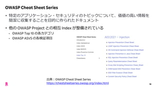 19
OWASP Cheat Sheet Series
• 特定のアプリケーション・セキュリティのトピックについて、価値の高い情報を
簡潔に収集することを目的に作られたドキュメント
• 他の OWASP Project との相互 Index が...