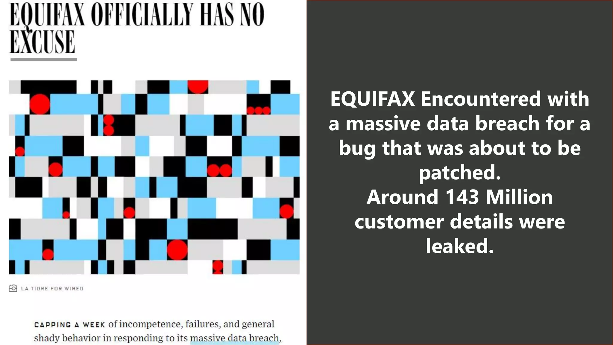 EQUIFAX Encountered with
a massive data breach for a
bug that was about to be
patched.
Around 143 Million
customer details were
leaked.
 