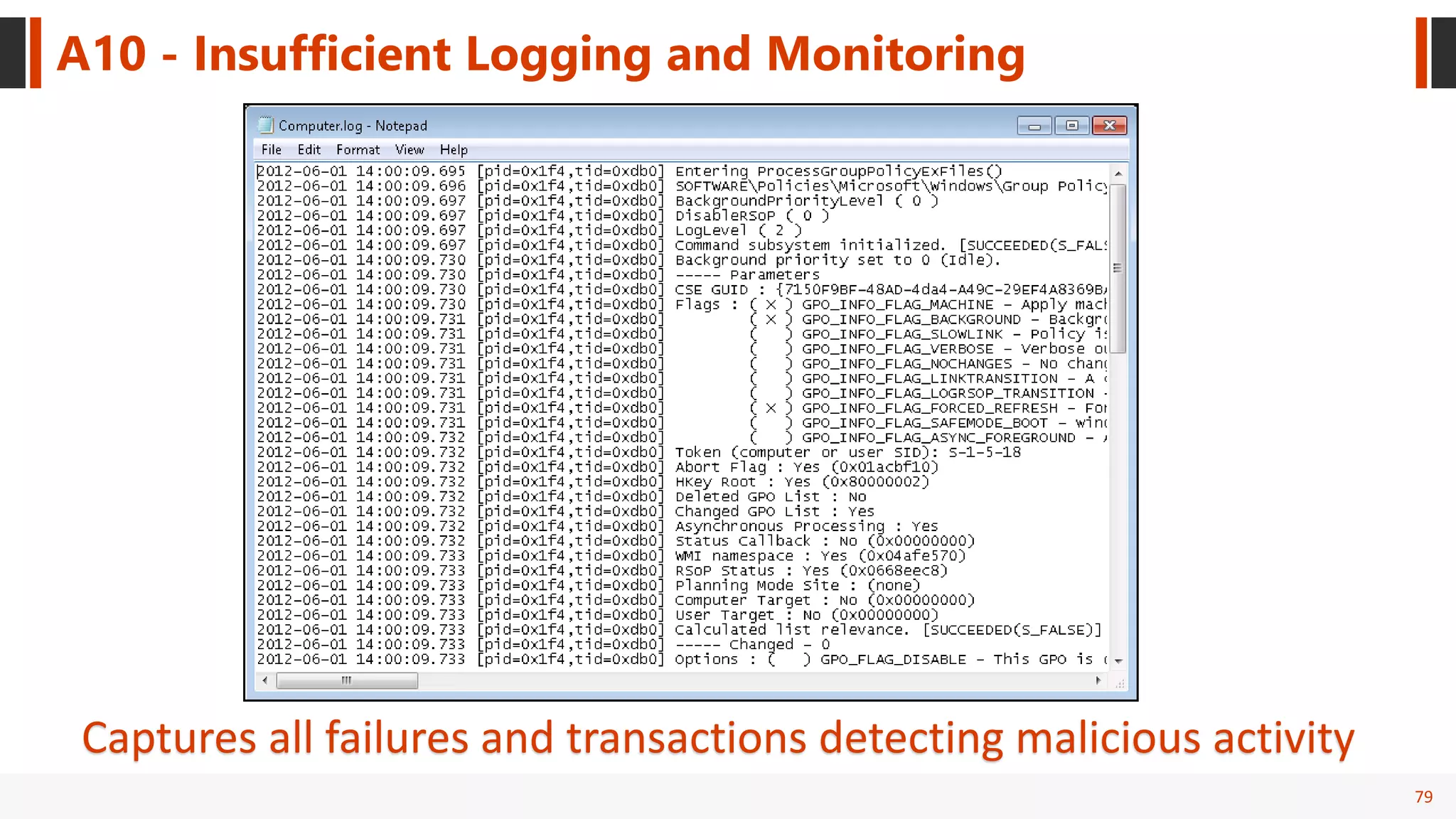 79
A10 - Insufficient Logging and Monitoring
Captures all failures and transactions detecting malicious activity
 