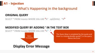 18
A1 - Injection
What's Happening in the background
SELECT * FROM movies WHERE title LIKE %” . sqli($title) . “% ”
ORIGINAL QUERY
MODIFIED QUERY BY ADDING ‘ IN THE TEXT BOX
SELECT * FROM movies WHERE title LIKE ‘%” . ’
The Query Now is completed by the quote and
there is a missing double quote(”) in the query.
Hence the Error.
Query
Incomplete
 
