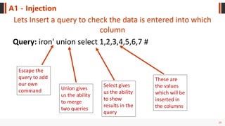 20
A1 - Injection
Lets Insert a query to check the data is entered into which
column
Query: iron' union select 1,2,3,4,5,6,7 #
Escape the
query to add
our own
command Union gives
us the ability
to merge
two queries
Select gives
us the ability
to show
results in the
query
These are
the values
which will be
inserted in
the columns
 