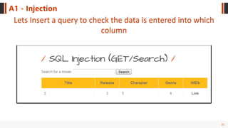 21
A1 - Injection
Lets Insert a query to check the data is entered into which
column
 