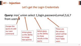 22
A1 - Injection
Let’s get the Login Credentials
Query: iron' union select 1,login,password,email,5,6,7
from users #
Escape the
query to add
our own
command
Union gives
us the ability
to merge
two queries
Select gives
us the ability
to show
results in the
query
These are
the values
which will be
retrieved
from Table
users
 