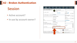 27
A2 - Broken Authentication
Session
• Active account?
• In use by account owner?
 