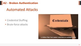 30
A2 - Broken Authentication
Automated Attacks
• Credential Stuffing
• Brute-force attacks
 