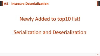 62
A8 - Insecure Deserialization
Newly Added to top10 list!
Serialization and Deserialization
 
