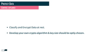 PROTECT DATA
CONTROL EXPLAINED
• Classify and Encrypt Data at rest.
• Develop your own crypto algorithm & key size should be optly chosen.
 