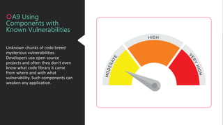 Unknown chunks of code breed
mysterious vulnerabilities.
Developers use open source
projects and often they don't even
know what code library it came
from where and with what
vulnerability. Such components can
weaken any application.
A9 Using
Components with
Known Vulnerabilities
 