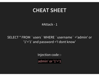 CONCEPT
Basic SQL query Login page :-
SELECT * FROM users where username="username" AND
password = "pass"
Basic PHP statement for Login page :-
SELECT * FROM users where username='".$username."' AND
password = '".md5($pass)."'"  
*Md5() method is used to encrypt the password.
       * Demo at SQL *
 
