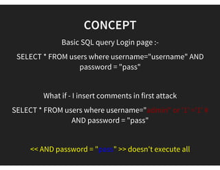 COMMENTS BASED SQLI
http://dev.mysql.com/doc/refman/5.1/en/comments.html
# : Single line comment
"-- " : Sequence to end of line comment
/*  Sequence to following block comment*/
 