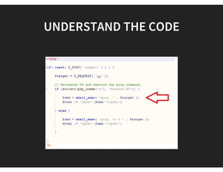 PLAY GROUND
DAMN VULNERABLE WEB APP
Damn Vulnerable Web App (DVWA) is a PHP/MySQL web
application that is damn vulnerable. Its main goals are to be
an aid for security professionals to test their skills and tools
in a legal environment.
http://www.dvwa.co.uk/
https://github.com/RandomStorm/DVWA
 