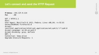 Let’s connect and send the HTTP Request
41Checkmarx | All Rights Reserved
IP Address : 193.137.9.114
Port : 80
GET / HTTP/1.1
Host:
User-Agent: Mozilla/5.0 (X11; Fedora; Linux x86_64; rv:52.0)
Gecko/20100101 Firefox/52.0
Accept:
text/html,application/xhtml+xml,application/xml;q=0.9,*/*;q=0.8
Accept-Language: en-US,en;q=0.5
Accept-Encoding: gzip, deflate
DNT: 1
Connection: keep-alive
Upgrade-Insecure-Requests: 1
 